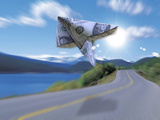 Paper Money Plane over a Road Lámina fotográfica
