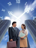 Business Executives Standing with a Clock Superimposed Lámina fotográfica