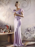 Lilac Satin Bias Cut Gown with Gathered Self-Coloured Belt Gored Skirt Photographic Print