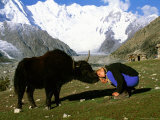 A Woman Bows to Greet a Yak in Pakistan Photographic Print by Barry Tessman