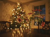 Floral Centerpiece with a Lit Christmas Tree in a Dining Room Photographic Print