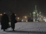 Women Walk Through the Snow to St. Basil's Cathedral in Red Square, Moscow, Russia Photographic Print