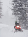 A Woman Speeds Along on a Snowmobile in a Blizzard Lámina fotográfica