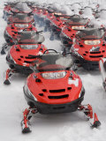 A Large Group of Snowmobiles Sit Waiting for Action Lámina fotográfica