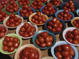 Roma Tomatoes Fill Colorful Bowls at a Vendors Stall Photographic Print