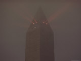 Beacons Shine from Atop the Washington Monument on a Foggy Morning Photographic Print