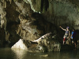 Spelunkers Explore an Underwater River in Mil Columnas Cave Photographic Print by Bill Hatcher