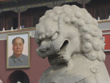 Portrait of Mao and a Lion Guard the Forbidden Citys Meridan Gate Photographic Print