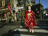 Kimono-Clad Geisha Crosses a Street Photographic Print by Justin Guariglia
