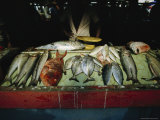 A Fishmonger with His Goods at a Mahe Island Market Photographic Print
