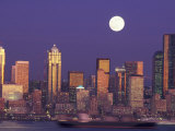 Seattle Skyline with Full Moon, Washington, USA Photographic Print