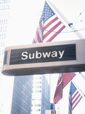 Subway Sign in Front of American Flag Lámina fotográfica