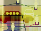 Network of Male and Female Figures and Cars Connected in Network Lámina fotográfica Network of Male and Female Figures and Cars Connected in Network Lámina fotográfica