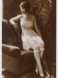 Lady Sits Negligently in Her Undies, Bra French Drawers or Knickers and Stockings Photographic Print