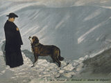 Priest from the Hospice on the St. Bernard Pass with One of the Famous Rescue Dogs Lámina fotográfica