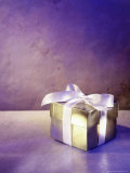 Gold Gift Box with White Ribbon Photographic Print by Ellen Kamp