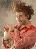 Man with Wild Hair Petting a Chicken Photographic Print by Jim McGuire