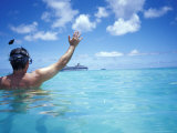 Man Snorkeling and Waving at Cruise Ship Photographic Print