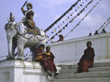 Children by Elephant Sculpture, Nepal Print by Michael Brown