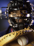 Portrait of a Baseball Catcher Holding a Baseball Photographic Print
