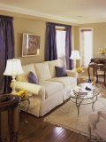 Living Room with Purple Pillows and Curtains Photographic Print