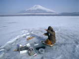 Frozen Lake with Fishermen, Lake Yamanaka, Mount Fuji, Honshu, Japan Photographic Print