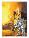 Fireman in Safety Suit Fighting a Fire at an Oil Field Giclee Print by Angus Mcbride