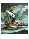 Trading Ships with Teutonic Knights Aboard Closing in on a Pirate Vessal Giclee Print by Dan Escott