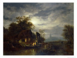 Moonlit River Scene with Figures Unloading a Boat Giclee Print by Georg Gillis Van Haanen