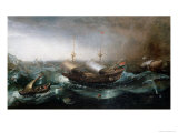 Dutch Merchant Vessels and a Smalschip Accompanied by Dolphins in Heavy Seas Giclee Print by Aert Van Antum