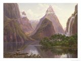 Native Figures, Milford Sound, New Zealand, Also Depicted Are Mitre Peak and Bowens Fall, 1892 Giclee Print by Eugene Von Guerard
