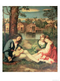 Youth with a Guitar and Two Girls Sitting on a River Bank reproduction procédé giclée par Giorgione 