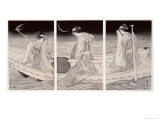 Three Women on a Boat Fishing by Lamplight reproduction procédé giclée par Toyokuni 