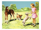 Girl Feeding Lamb Giclee Print by R. B. Davis