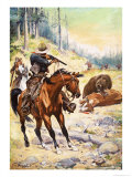 American Cowboys Surround a Bear Crouched over the Body of a Cow Giclee Print by Stanley L. Wood