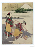 Salt Maidens on the Tago-No-Ura Beach with Mt. Fuji Behind Lámina giclée por Suzuki Harunobu