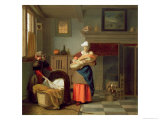 Nursemaid with Baby in an Interior and a Young Girl Preparing the Cradle Lámina giclée por Pieter de Hooch
