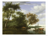 Wooded River Landscape with Figures and Cattle on a Ferryboat Giclee Print by Salomon van Ruisdael or Ruysdael