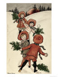 Children with Holly Throwing Snowballs Giclee Print by Florence Hardy
