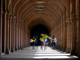 Boys Play Soccer Through an Arched Hallway at the Allahabad University Campus Photographic Print