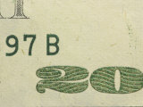 Close-up of Details on Colorful American Currency with Numbers and Lettering Photographic Print