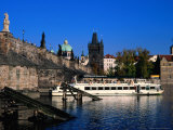 Passenger Ferry Cruising Up Vltava River Near Charles Bridge, Prague, Czech Republic Photographic Print by Richard Nebesky