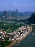 Aerial View of Town on Li River with Limestone Pinnacles in Background, Yangshuo, China Photographic Print by Martin Moos