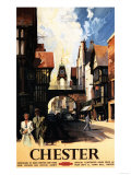 Chester, England - Street View with Couple and Tower Clock Rail Poster Pósters