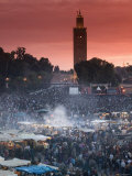 Food Stalls and Koutoubia Mosque, Djemma El-Fna Square, Marrakash, Morocco, North Africa Photographic Print by Walter Bibikow