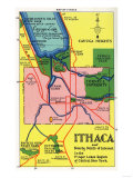 Ithaca, New York - Detailed Map Postcard of Ithaca and Nearby Points of Interest Posters