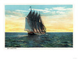 Casco Bay, Maine - View of a Sailboat off the Bay Posters