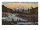 Mt. Hood, Oregon - Men Fishing on Log with Mountain in Background Print