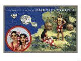Tahiti - Map of the Island and Moorea Island, Natives Wearing Lais Affiches
