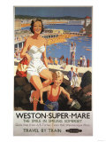 Weston-super-Mare, England - Mother & Son on Beach Railway Poster Print